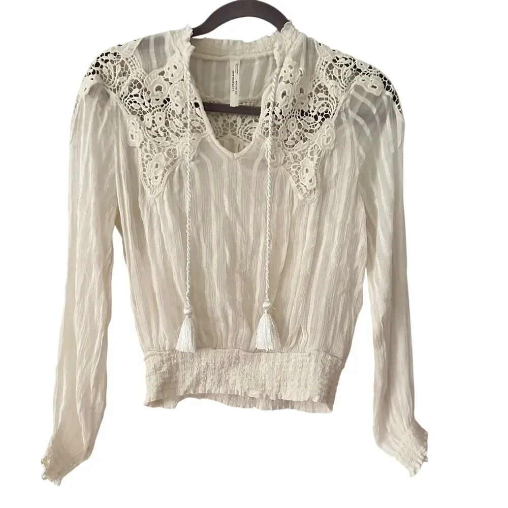 Anthropologie White Lace Butterfly Boho Long Sleeve‎ Blouse Size XS (2)